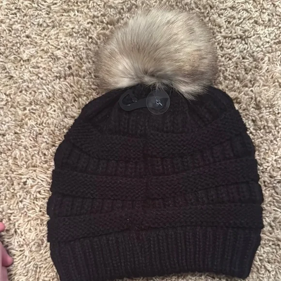 C.C Black Knit Beanie with Faux Fur Pom Pom - Picture 3 of 3